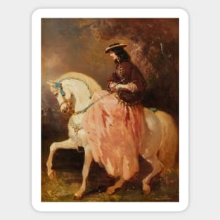 Amazone au petit canotier, veste rouge, jupe rose, une cravache sur un cheval gris aux rubans bleus by Alfred de Dreux Sticker